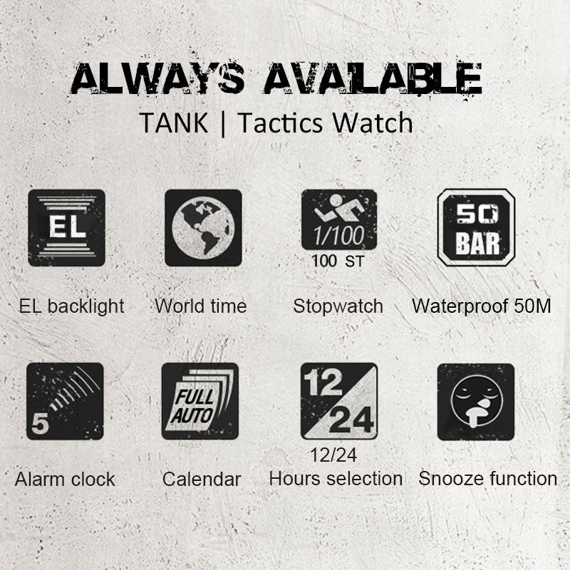 TANK Calendar Chronograph Mode Alarm Clock Waterproof 50M Sports Watch - NORTHEDGE
