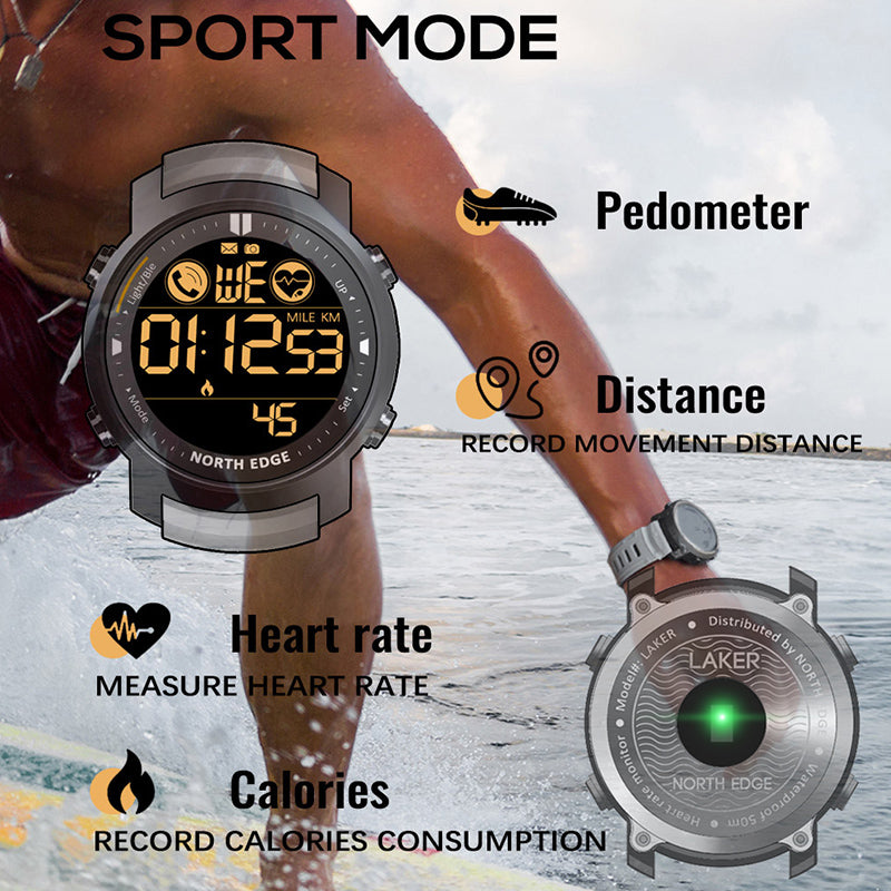 NORTH EDGE LAKER Sport Watch Swimming Watch For Men Waterproof 50M HR Digital Outdoor Sport watches Smartwatch Metal body tempered glass Bluetooth For Android IOS