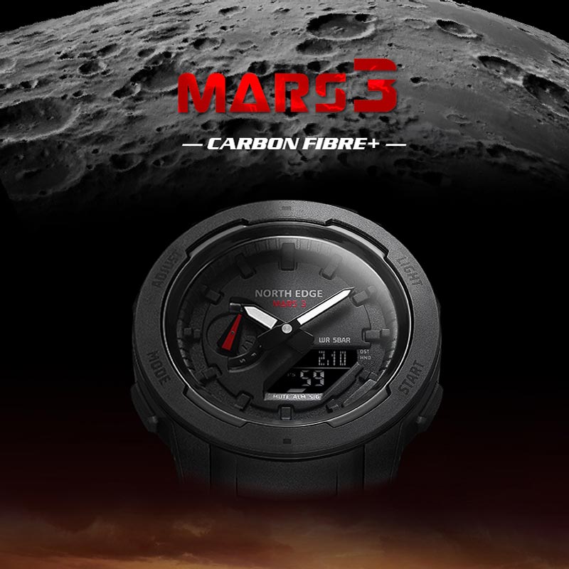 NORTH EDGE Mars3 Carbon Fiber Case Waterproof 50M Sports Digital Watch World Time Men's Military Watch