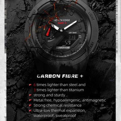 NORTH EDGE Mars3 Carbon Fiber Case Waterproof 50M Sports Digital Watch World Time Men's Military Watch