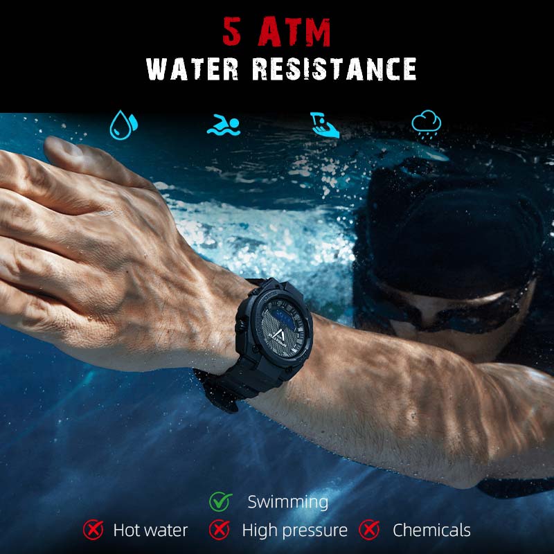 NORTH EDGE Tactical Digital Men's Watch Shockproof Case 50M Waterproof Dual Display Luminous Hands World Time Step Counter FORTERSS