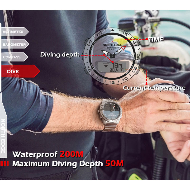 NORTH EDGE GAVIA SCUPA Diving Watch Men Military Digital Watch Stainless Case Altimeter Barometer Compass waterproof 200M