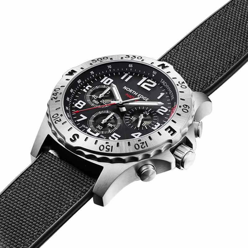 NORTH EDGE MACH2 Solar Powered Men's Watch 316L Stainless Steel Case Three Timing Discs Night Light Hands TPR Nylon Strap 104g